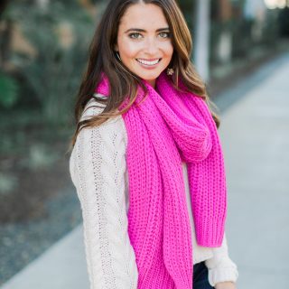 Hot Pink Scarf, Tan Sweater, Louis Vuitton - ASOS Sale top picks featured by popular Orange County fashion blogger, Maxie Elle
