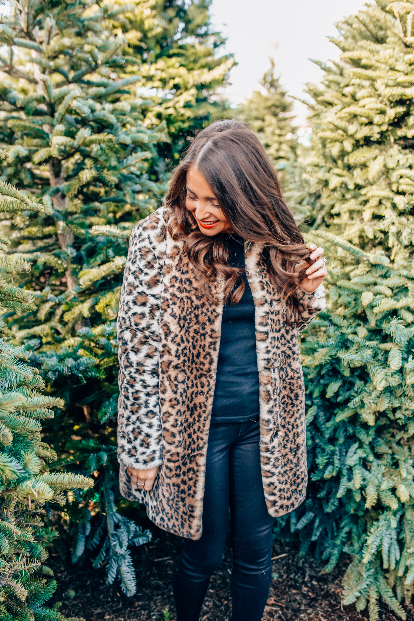 Leopard Holiday style featured by top Orange County fashion blogger, Maxie Elle: image of a woman wearing an Ann Taylor leopard print coat, Ann Taylor 3/4 sleeve black sweater, Ann Taylor black skinny jeans, and Ann Taylor block heel booties