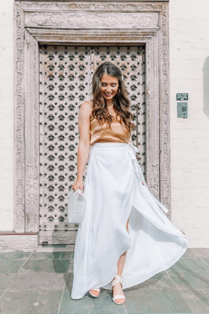 brunette girl in white maxi skirt