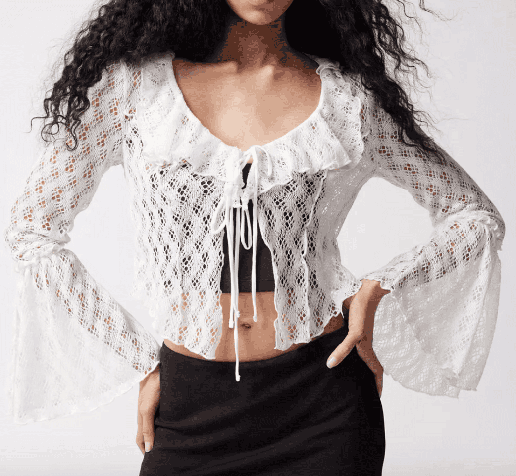 White gossamer crochet tie top with flowy long sleeves