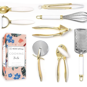 Gold and white kitchen tools