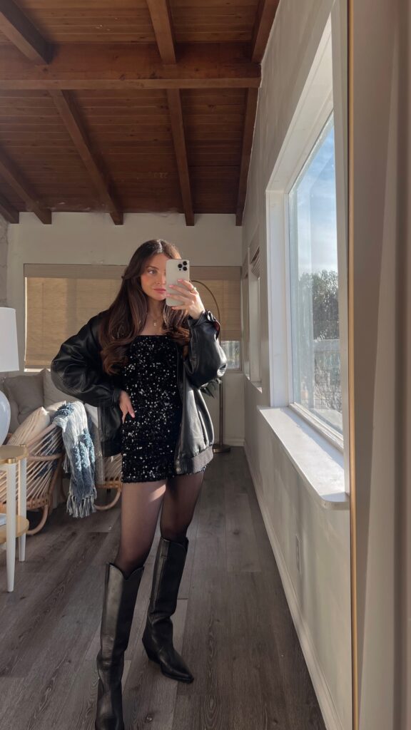 Sequin Dress + Leather Jacket | Glitter and Glam Country Concert Outfit Ideas